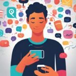 A visual metaphor showing a person looking at their smartphone, with colorful, abstract symbols for emotions like happiness, sadness, and anxiety looping from the phone screen to the person's head and back. The Psychology of Social Media: Why We’re Hooked