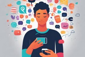 A visual metaphor showing a person looking at their smartphone, with colorful, abstract symbols for emotions like happiness, sadness, and anxiety looping from the phone screen to the person's head and back. The Psychology of Social Media: Why We’re Hooked