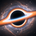 What If You Fall Into a Black Hole? An artistic illustration of a massive black hole in space, showing its glowing accretion disk and the gravitational lensing of starlight.