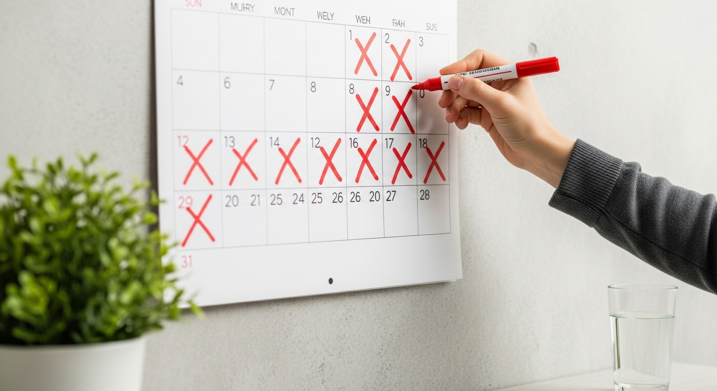 A person's hand marking an 'X' on a calendar, showing a key step or Guide to Build a Healthy Habit that actually lasts