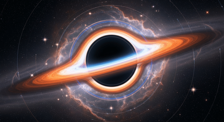 What If You Fall Into a Black Hole? An artistic illustration of a massive black hole in space, showing its glowing accretion disk and the gravitational lensing of starlight.
