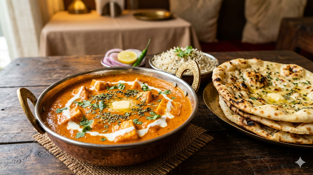 A bowl of creamy restaurant-style paneer butter masala garnished with fresh cream and coriander