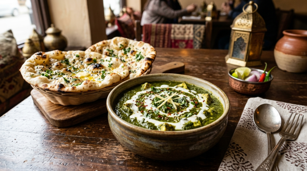 A bowl of creamy Palak Paneer garnished with a swirl of fresh cream and served with butter naan