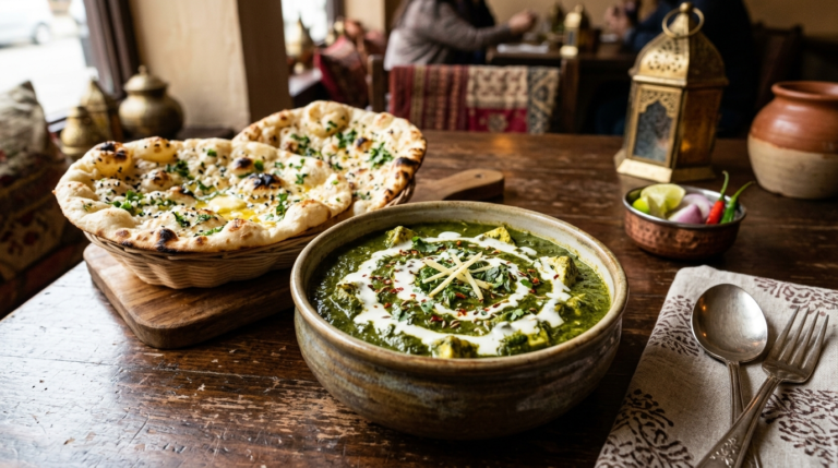 A bowl of creamy Palak Paneer garnished with a swirl of fresh cream and served with butter naan