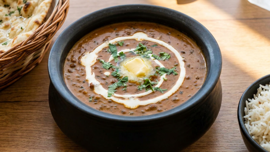 Creamy Dal Makhani recipe served in a black bowl with a swirl of cream, garnished with butter and fresh coriander